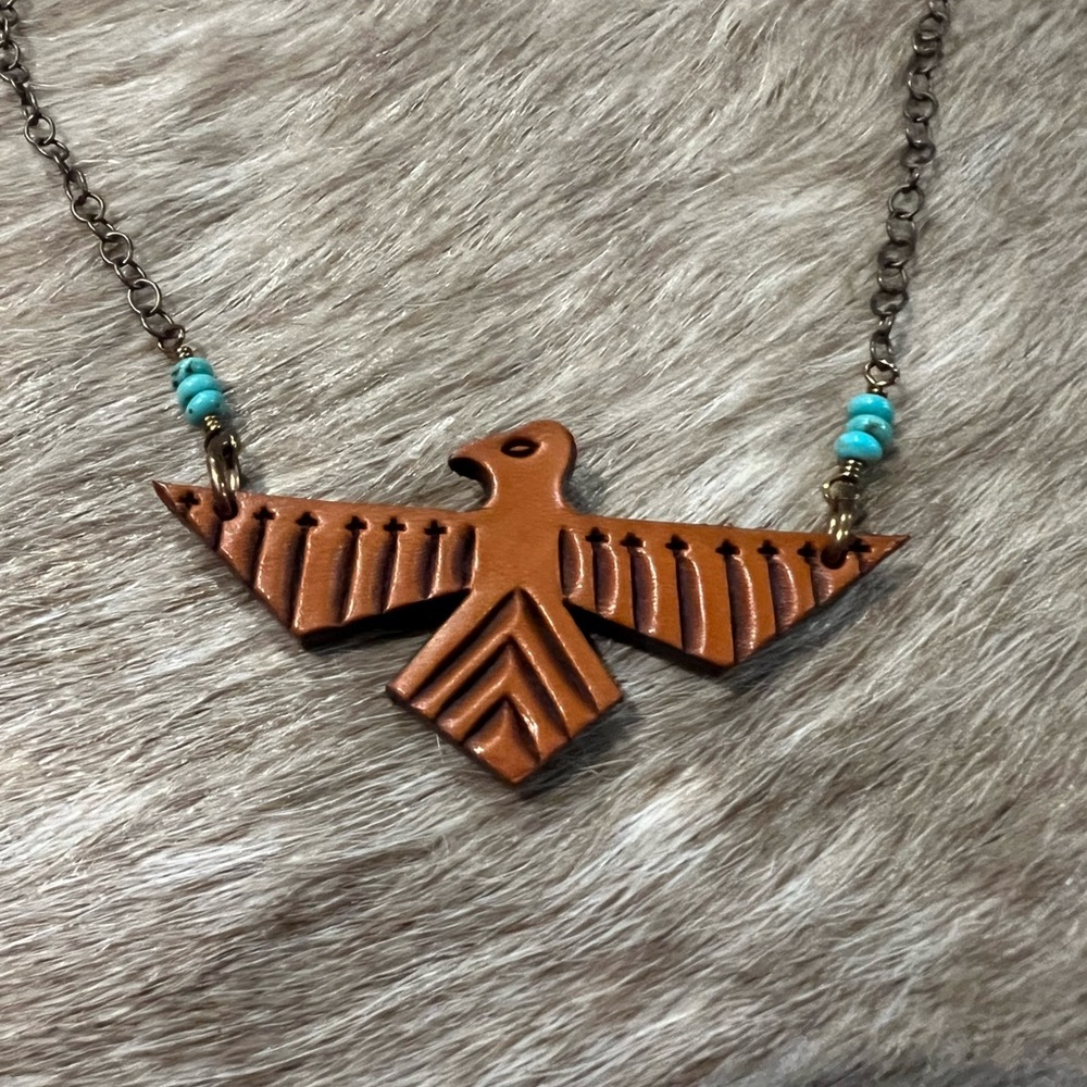 Brown Thunderbird Necklace with Turquoise Accents - Picture 2 of 2